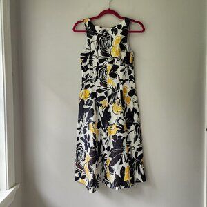 THEORY Floral Fit and Flare Midi Dress | Size 2 | Lined Bold Print Ramie RN98406